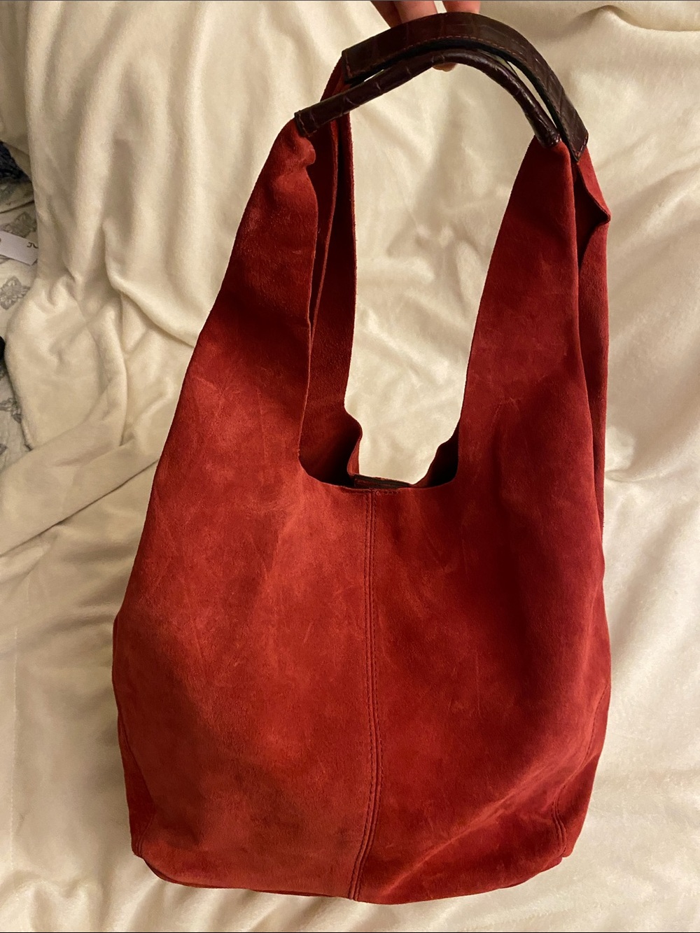 Anthropologie Red Suede Shoulder Hobo Bag with Dark Trim